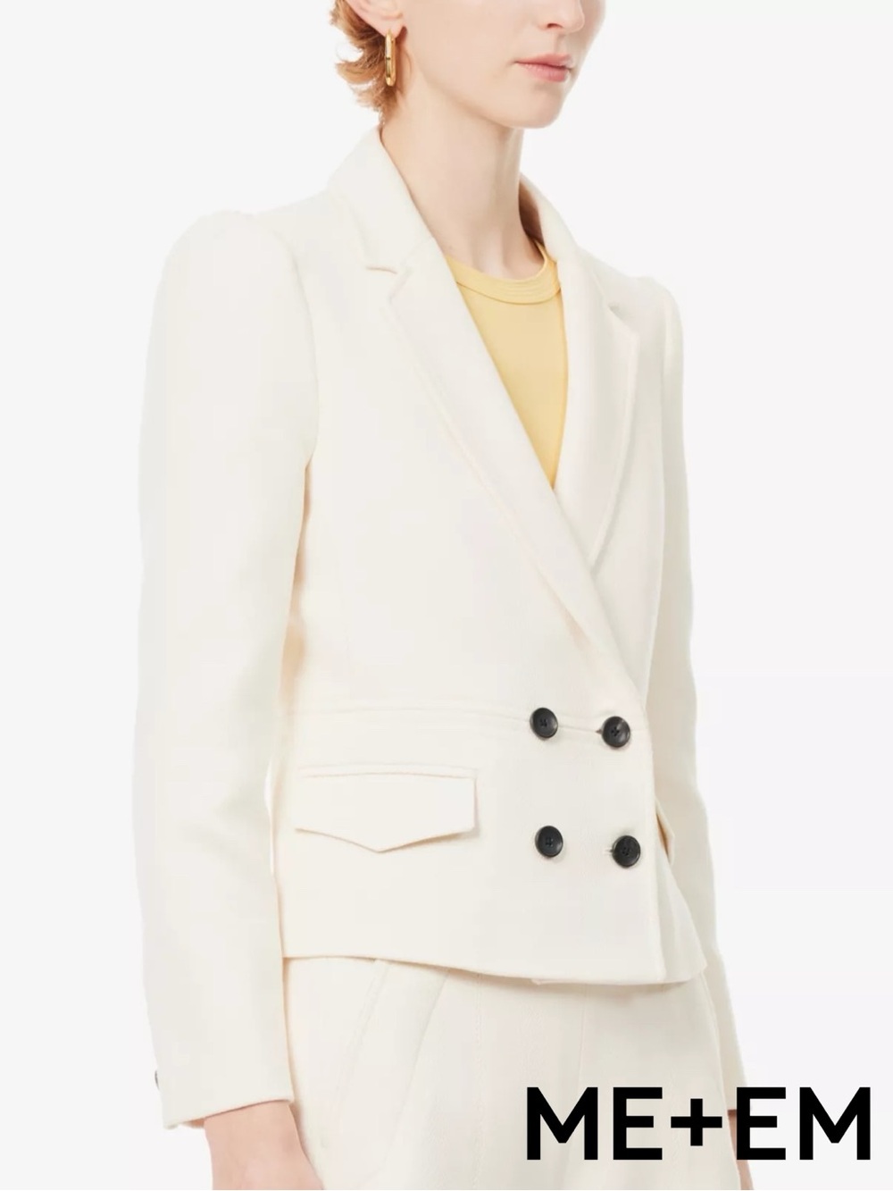 ME + EM Cotton Herringbone Double Breasted Stretch Fitted Blazer in Ecru - Picture 8 of 14